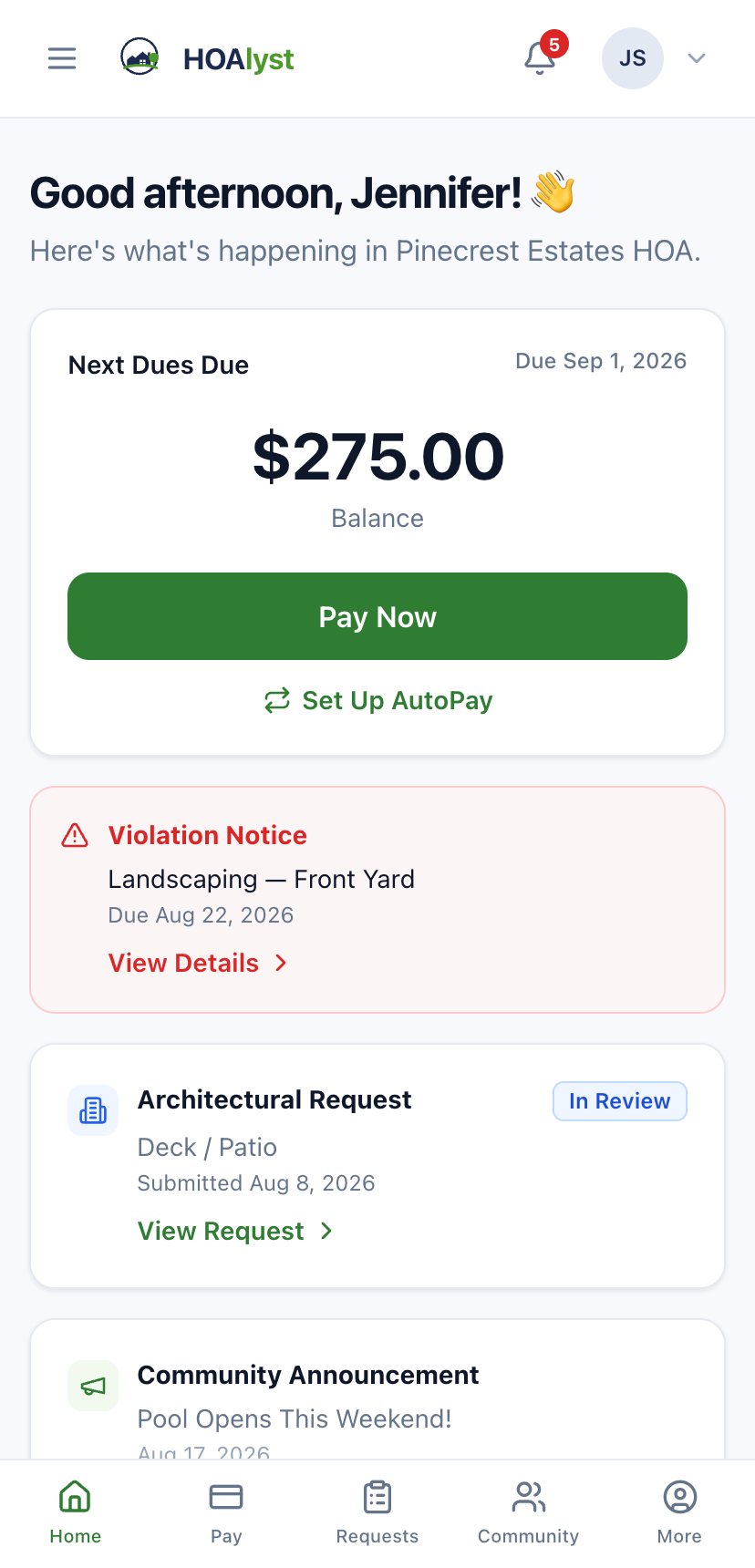 The HOAlyst homeowner app on a phone.